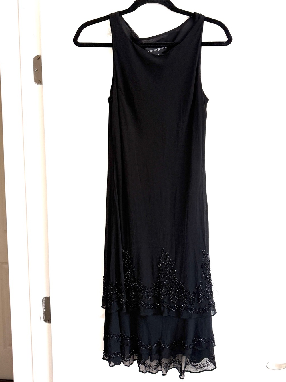 Jones New York Black Sleeveless Midi Dress with Beaded Hem